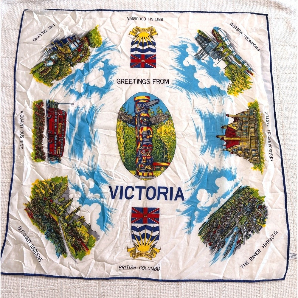 VTG Victoria British Columbia Canada Souvenir Scarf Japan 25x26 Coastal Grandma